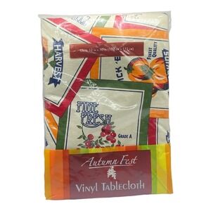 Vtg Autumn Fest Vinyl Flannel Backed Oval Tablecloth 52" x 70" Harvest Apples